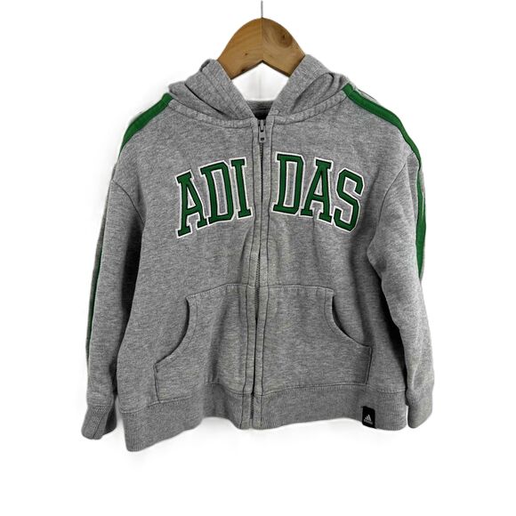 Adidas Grey Green Zip Up Hooded Sweatshirt Toddler Unisex Logo Pockets Size 3T - Picture 1 of 3